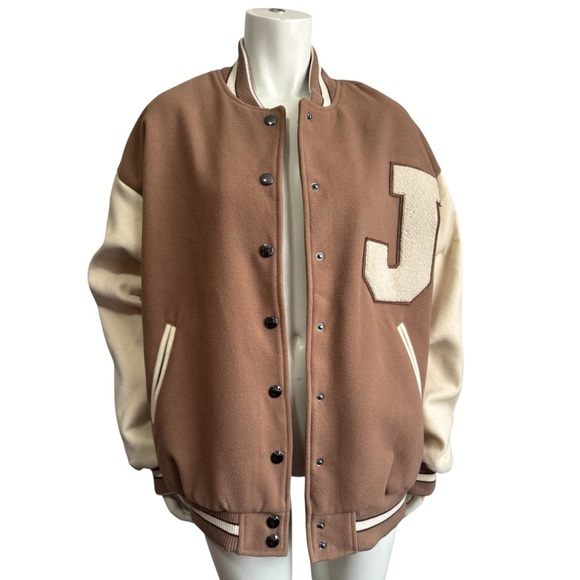 FASHION NOVA Oversized Varsity Jacket Best in Class J Mocha Combo Womens Small - Picture 3 of 17